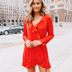 Fashion Polka Print Long Sleeve Tie Waist Dress