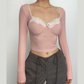 Ribbed lace hem long sleeve ruched contrast top