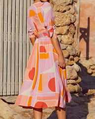 V-neck Single-breasted Floral Elastic Waist Midi Dresses