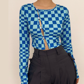 Plaid contrast button hollow out long sleeve crop cut out top