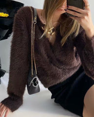 V-ncek Knit Furry Shirts Sweaters Blouses