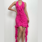 Self tie halter ruffle ruched v neck ribbon backless mini dress
