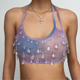 Sheer mesh tie dye stone pendant halter backless self tie crop top