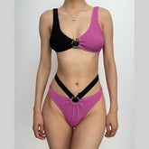 Hollow out o ring textured contrast padded one piece swimwear