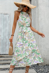 Fashion Print Knot Waist Ruffle Sleeveless Dress