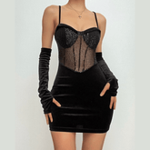 Sweetheart neck gloves velvet glitter mesh patchwork cami dress