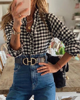 V-neck Ruffled Collar Plaid Blouse Shirts