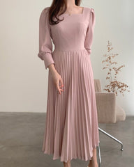 Square Collar Puff Bubble Sleeve Vintage Pleated Midi Dress
