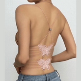 Butterfly applique backless v neck contrast print crop top