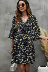 V Neck Half Sleeve Floral Print Mini Dress