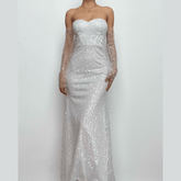 Backless glitter sweetheart neck zip-up long sleeve tube maxi dress