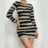 Crochet striped contrast long sleeve crewneck mini dress