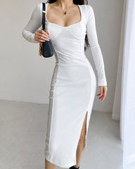 Vintage Square Collar Knit Sweater Midi Dresses