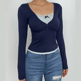 Polka dot patchwork long sleeve lace hem button top