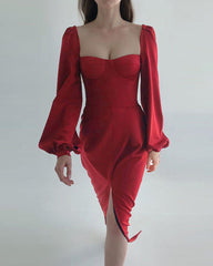 Square Collar Bubble Sleeve Slit Leg Party Bodycon Midi Dresses Black