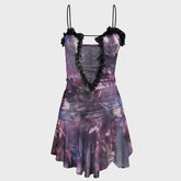 Ruched ruffle slit sheer mesh hollow out cami mini dress