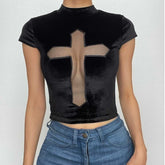 Cap sleeve mesh cross pattern velvet high neck solid top