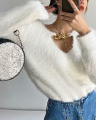 V-ncek Knit Furry Shirts Sweaters Blouses