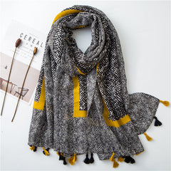 Tassel Grey Printed Cotton Scarf Shawl for Women Ladies Girls