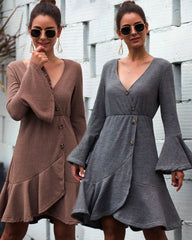 V-neck Ruffled Horn Sleeve Buttoned Knit Mini Dresses