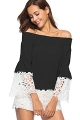 Women Sexy One Shoulder Lace Stitching Long Sleeve Loose Cuffs Shirt Blouses