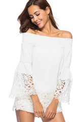 Women Sexy One Shoulder Lace Stitching Long Sleeve Loose Cuffs Shirt Blouses