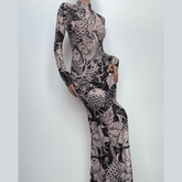 Sheer mesh see through abstract long sleeve high neck maxi dress