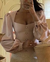 Square Collar Single-breasted Lantern Sleeve Shirts Blouses