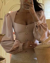 Square Collar Single-breasted Lantern Sleeve Shirts Blouses