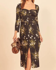 Vintage Backless Square Collar Floral Midi Dresses