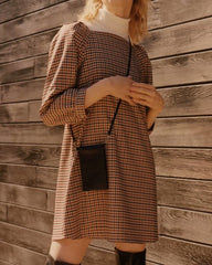 Square Collar Lattice Plaid Mini Dress