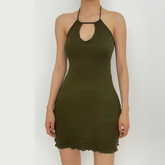 Ruffle halter textured hollow out self tie solid mini dress