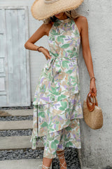 Fashion Print Knot Waist Ruffle Sleeveless Dress