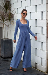 U-neck Sexy Wide-leg Long-sleeved Striped Jumpsuit
