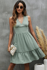 V Neck Solid Color Ruffle Hem Mini Dress