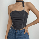 Smocked stitch halter buckle backless crop top