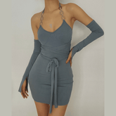 Self tie ribbed metal chain off shoulder long sleeve dress