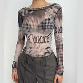 Contrast sheer mesh see through long sleeve round neck top