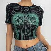 Short sleeve round neck contrast abstract print crop top