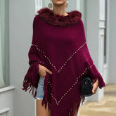 Tassel Fringed Pullover Bead Fur Collar Sweater Cloak Shawl Cape