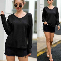 V-neck Waffle Strapless Shoulder Lantern Long Sleeve T-shirt Sweater