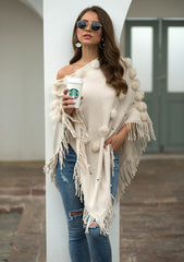 Tassel Fringed Pullover Bead Pompom Collar Sweater Cloak Shawl Cape