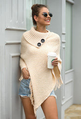 Tassel Fringed Cloak Shawl Button Collar Pullover Sweater Cape