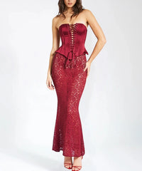 Edelina Burgundy Satin Lace Corset Maxi Dress