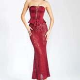 Edelina Burgundy Satin Lace Corset Maxi Dress