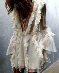 White Multi-layer Lace Cross Ruffle Vacation Mini Dresses