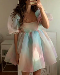 Tie Dye Rainbow Puff Bubble Sleeve Off Shoulder Mini Dresses
