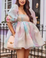 Tie Dye Rainbow Puff Bubble Sleeve Off Shoulder Mini Dresses