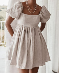 Square Collar Lantern Bubbles Sleeve Skater Party Mini Dresses