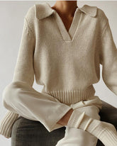 V-neck Knit Pile Collar Polo Sweaters Top